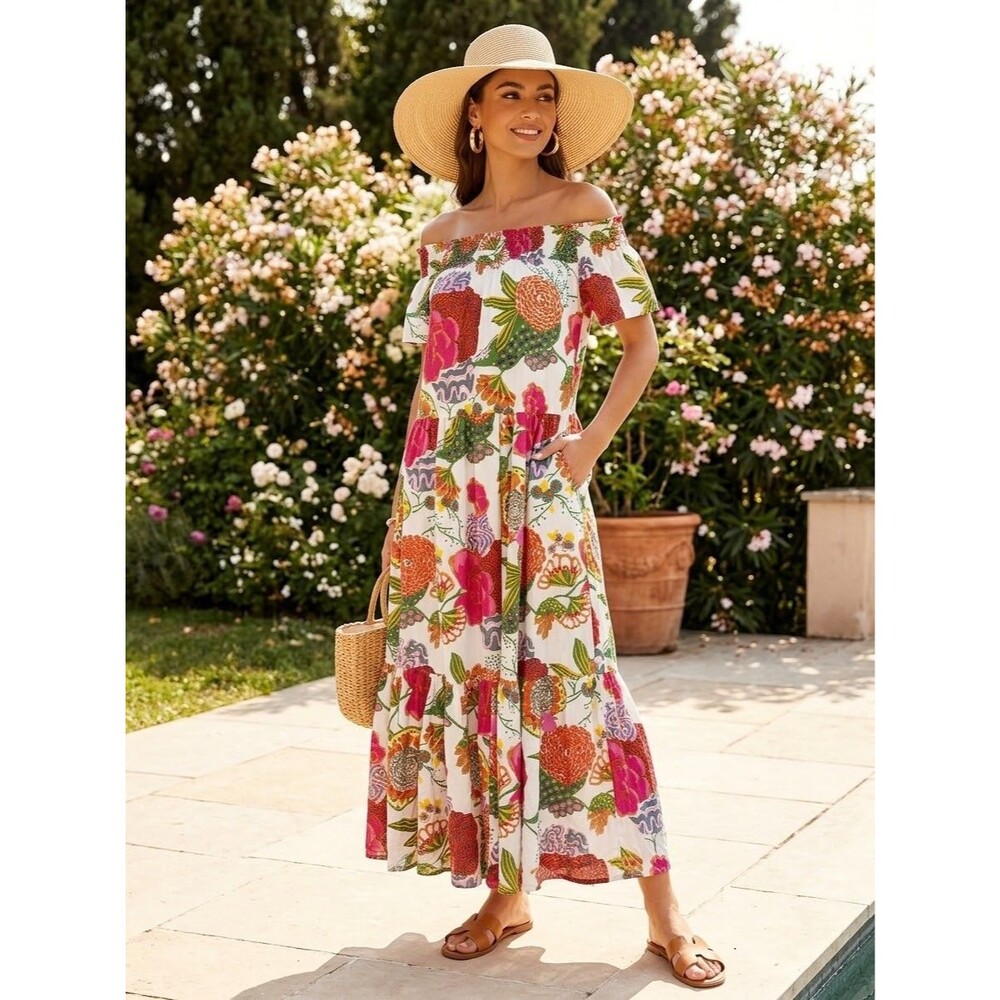 Guadalupe Design Momposina Anuka Floral Cotton Smocked Midi Maxi Boho Dress O/S